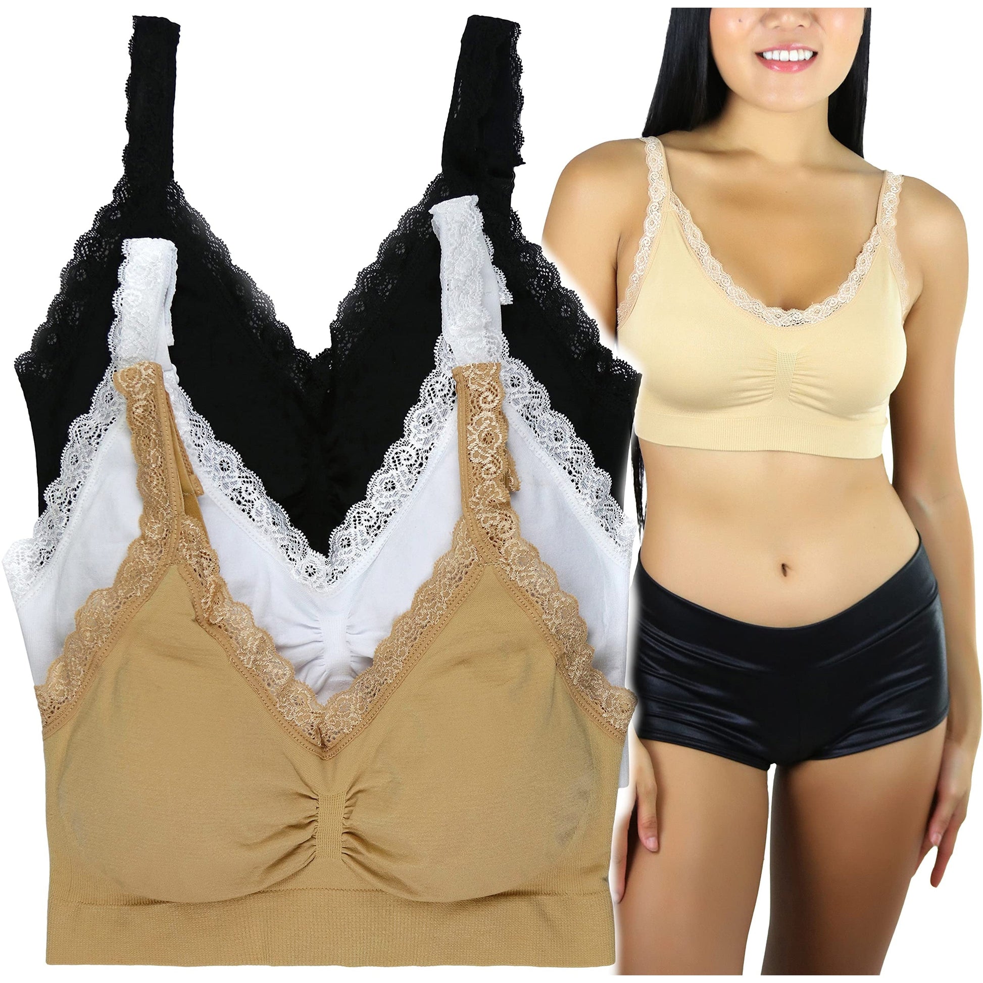 3-Pack: ToBeInStyle Women's Classic Adjustable U-Back Lace Trim Bralette Women's Swimwear & Lingerie S/M - DailySale