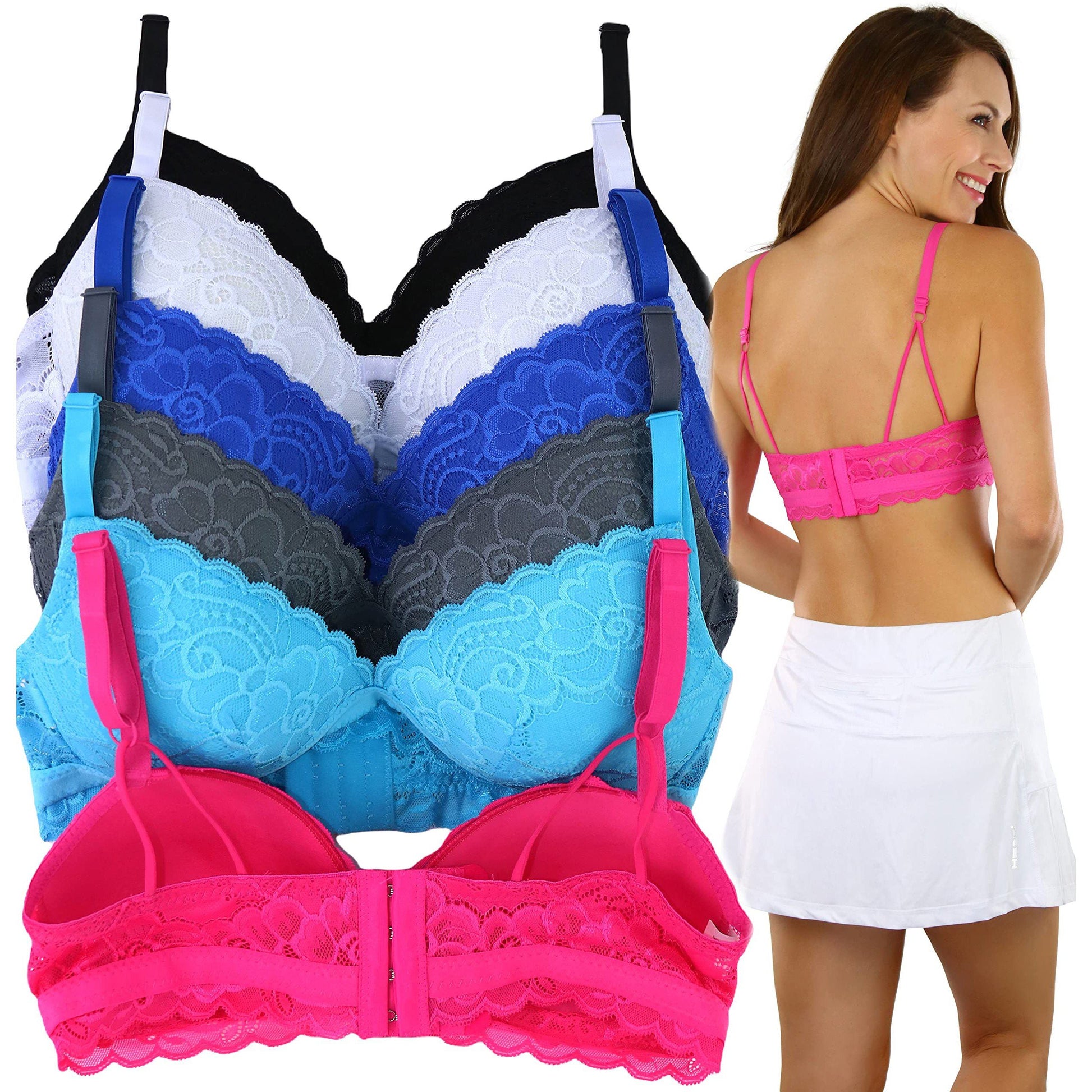 6-Pack: ToBeInStyle Women's Padded Bras with Lace Trim Detail and Triangle Back Straps Women's Lingerie - DailySale