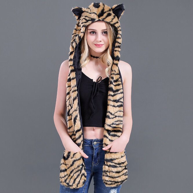 Men/Women Faux Fur Hood Animal Hat Ear Flaps Gloves 3in1 Animal Fur Hat Wolf Plush Warm Imitation Fur Hats Cap with Scarf Gloves ShopOnlyDeal